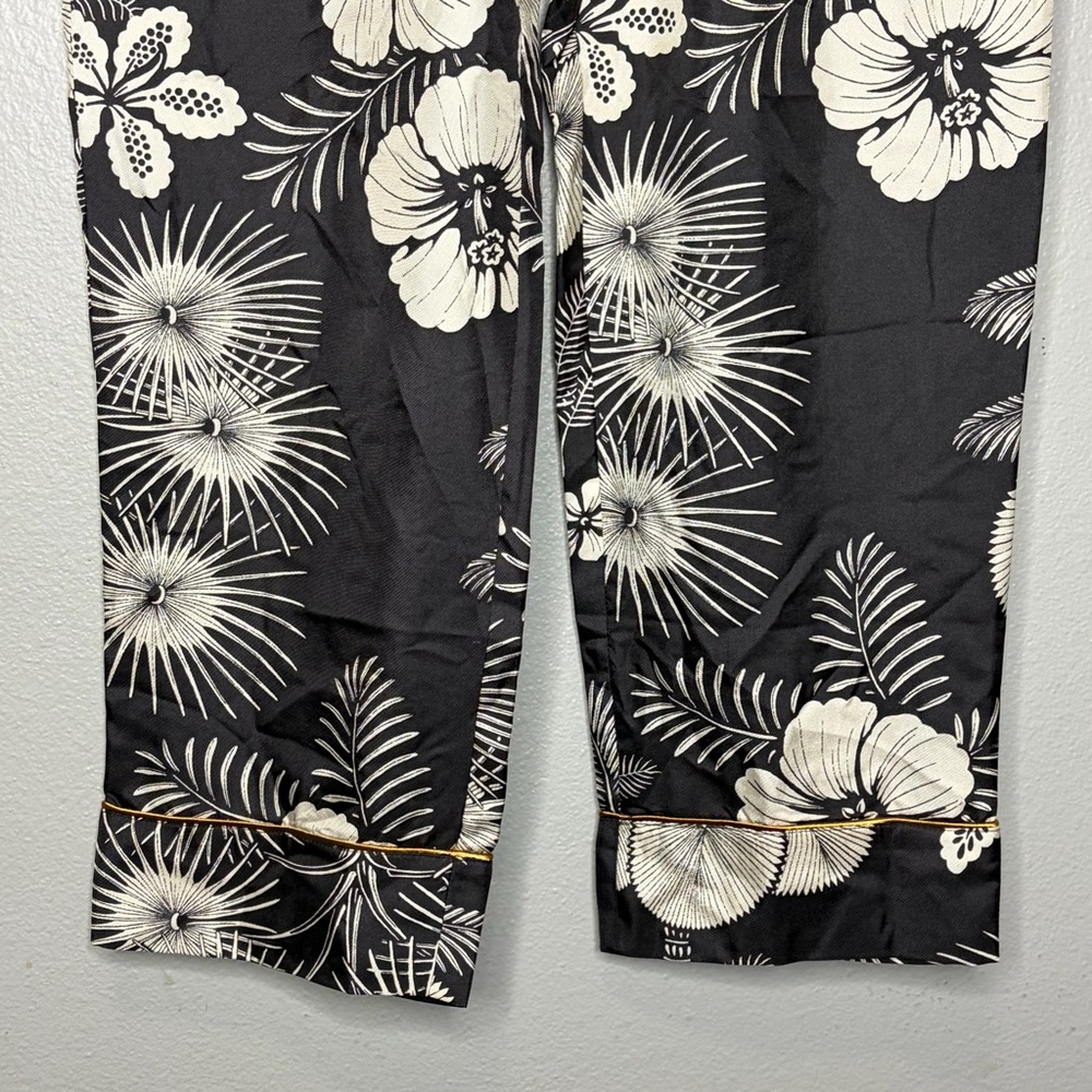 J Crew 100% Silk Trouser Pants Women 6 Black Floral Crop Gold Piping Tropical - Picture 4 of 12